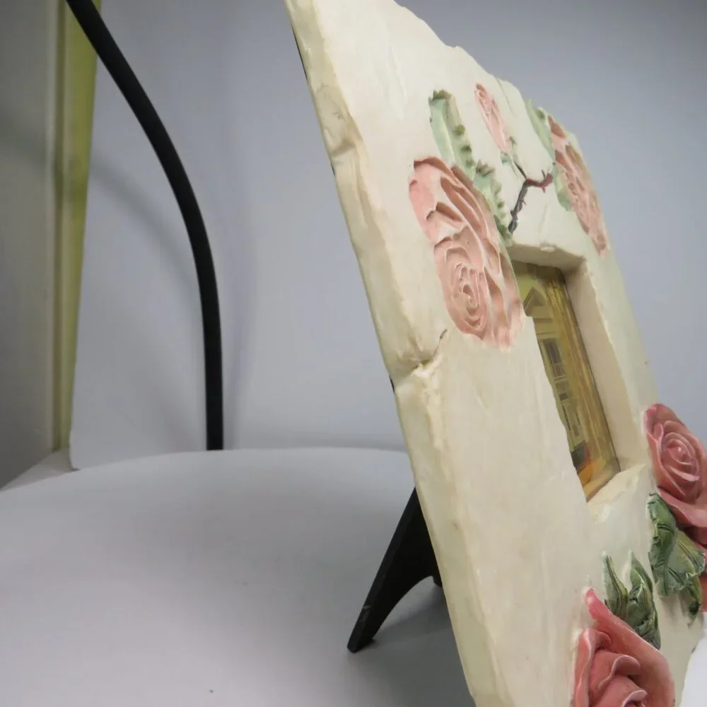 Rose Ceramic Tile Picture Frame Embossed & Engraved Rustic